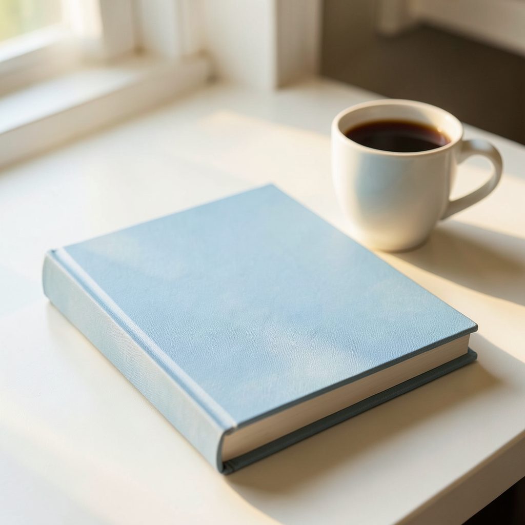Книга в мягкой голубой обложке на светлом столе, рядом чашка кофе, тёплое естественное освещение